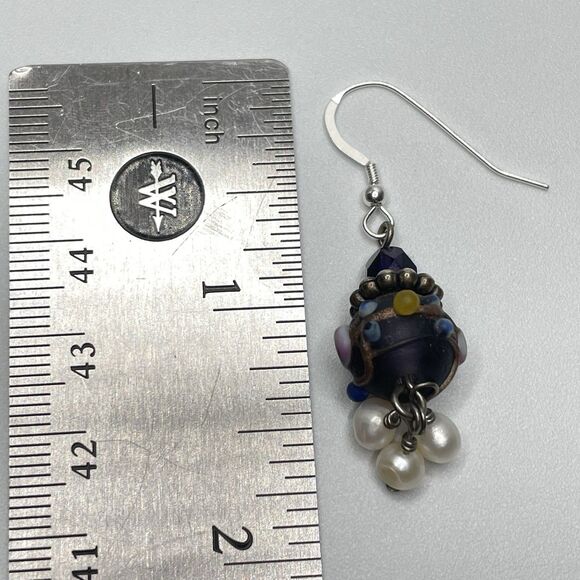 925 Sterling Silver Vintage Murano Wedding Cake Glass Beaded Pearl Earrings - Picture 6 of 6